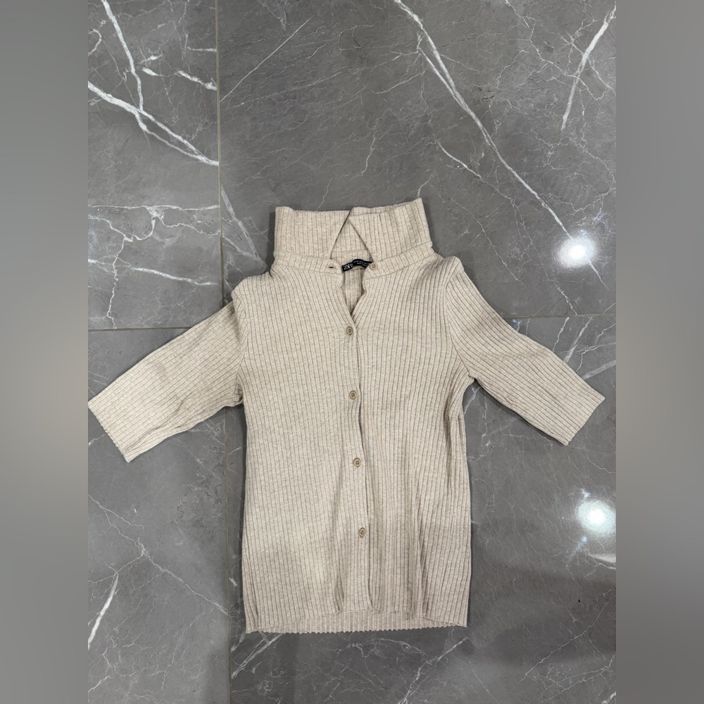 Zara Ribbed Beige Cardigan Sweater
